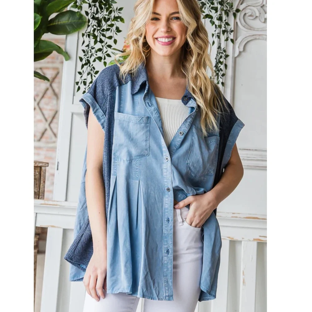 OLI AND HALI “ FARGO” OLI & HALI PLEATED FLARE HEM BUTTON DOWN SHIRT